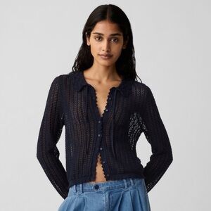 Gap x Doen Pointelle Knit Navy Blue Linen Blend Button Cardigan Sweater